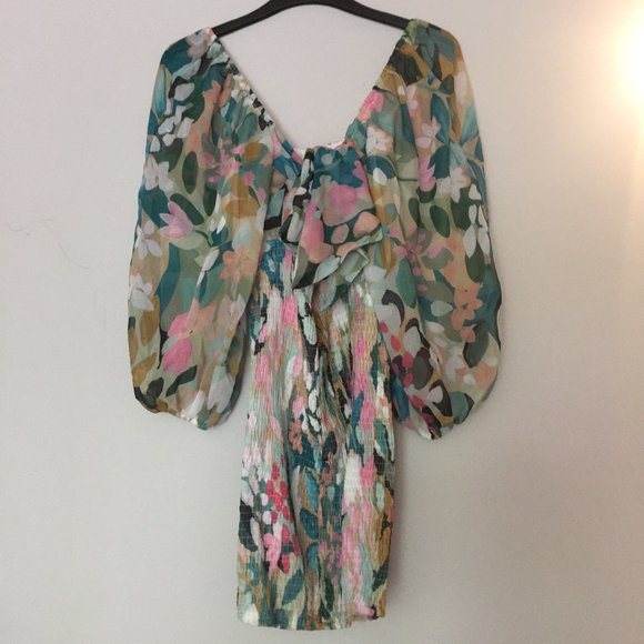 Here Comes The Sun Forest Shades Dress Mini Blue Green Pink Size Small Open Back - Picture 7 of 10